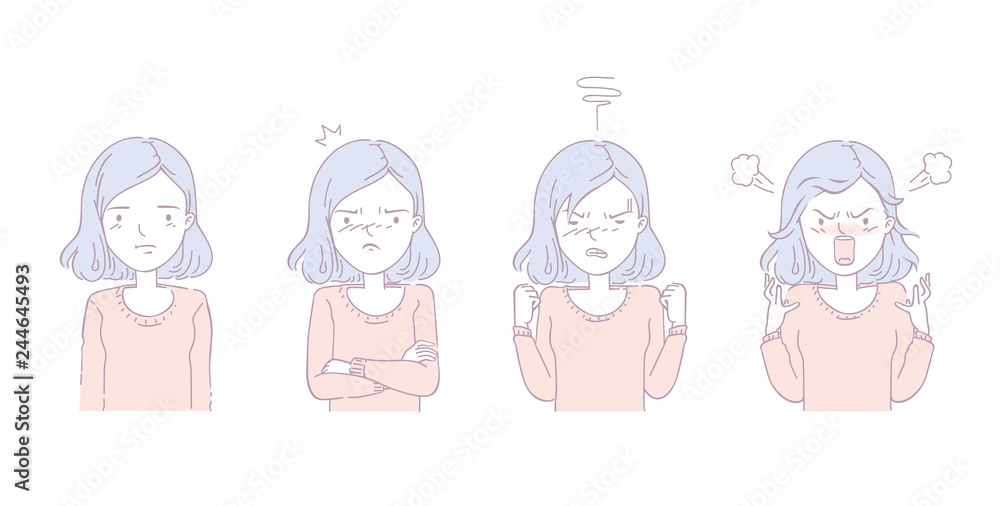 Woman shouting angrily. Sort the mood changes. Emotions and gestures female characters. Hand drawn of doodle design. vector illustrations Isolated on white background. Woman shouting angrily. Sort the mood changes. Emotions and gestures female characters. Hand drawn of doodle design. vector illustrations Isolated on white background.