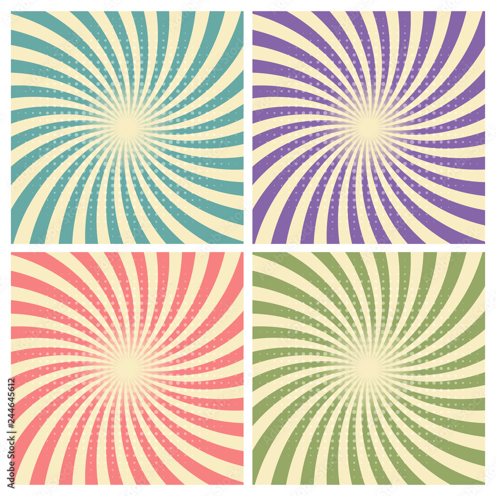 Set of circus graphic radius effects retro green, blue, purple, red color and light brown with halftone for comic background. Set of circus graphic radius effects retro green, blue, purple, red color and light brown with halftone for comic background.
