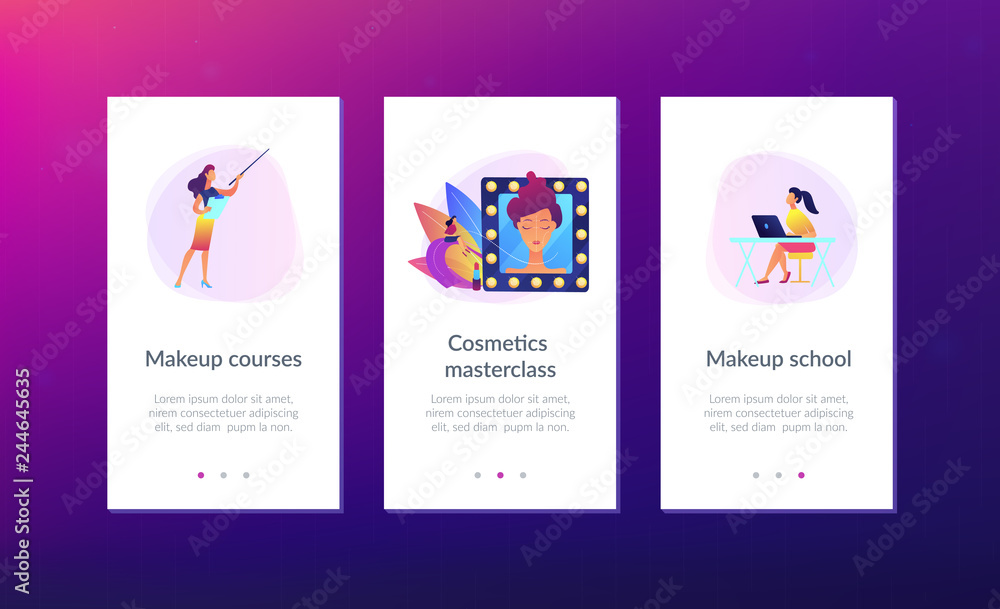 Students listening to teacher on training courses in professional makeup skills. Makeup courses, make up school, cosmetics masterclass concept. Mobile UI UX GUI template, app interface wireframe