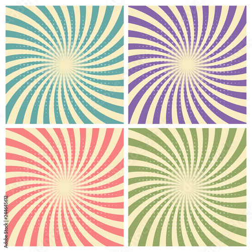 Set of circus graphic radius effects retro green, blue, purple, red color and light brown with halftone for comic background.