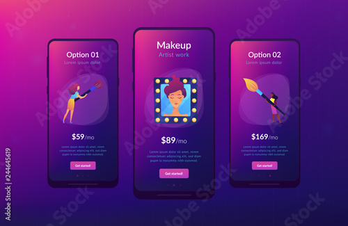 Professional makeup artists applying make up with brush on woman face in mirror. Professional makeup, pro artistry, makeup artist work concept. Mobile UI UX GUI template, app interface wireframe