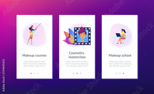 Students listening to teacher on training courses in professional makeup skills. Makeup courses, make up school, cosmetics masterclass concept. Mobile UI UX GUI template, app interface wireframe