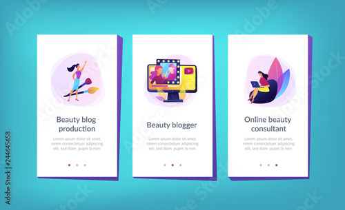 Female user watches beauty blogger showing latest trend makeup tutorial. Beauty blogger, beauty blog production, online beauty consultant concept. Mobile UI UX GUI template, app interface wireframe