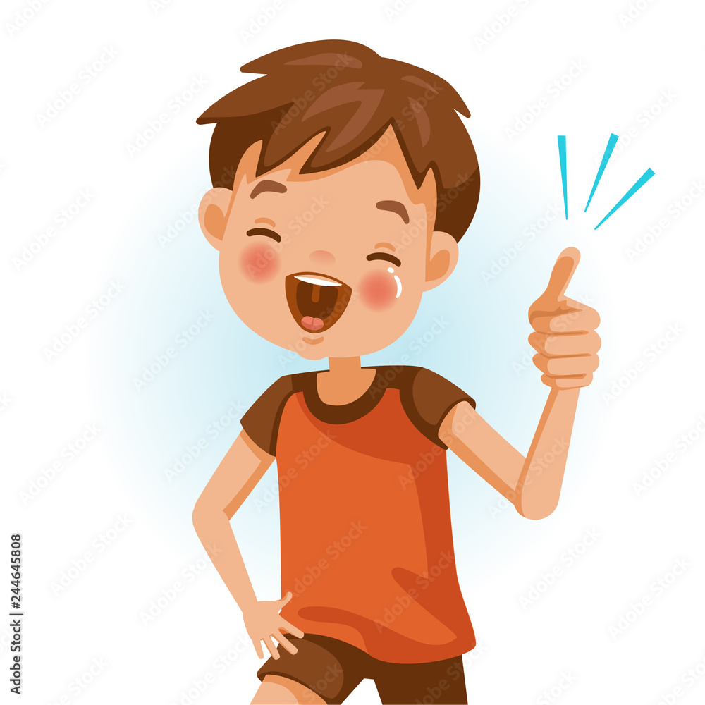 thumb up cartoon cute little boy in red shirt. gestures and emotions