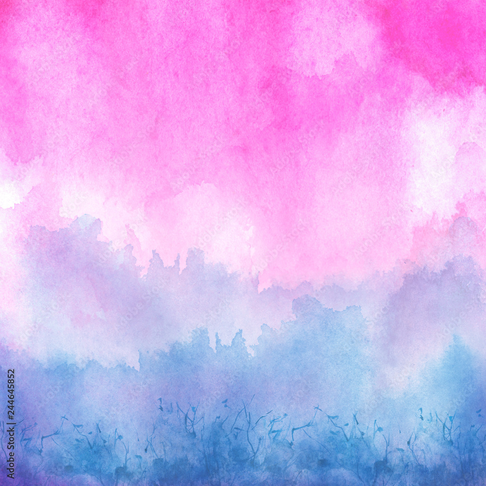 Watercolor red, purple, pink  background, blot, blob, splash of purple, pink  paint. Watercolor spot, abstraction. Abstract art illustration, scenic. Silhouette of grass, wild plants, bushes. Dawn.