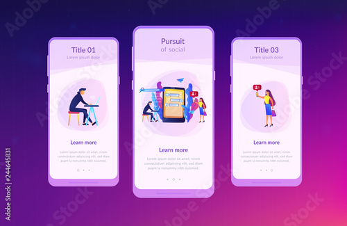 Stalker with laptop controls and intimidates the victim with messages. Cyberstalking, pursuit of social identity, online false accusations concept. Mobile UI UX GUI template, app interface wireframe