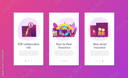 Individuals pool their premiums together to insure against a risk. Peer-to-Peer insurance, P2P collaborative risk, new social insurance concept. Mobile UI UX GUI template, app interface wireframe