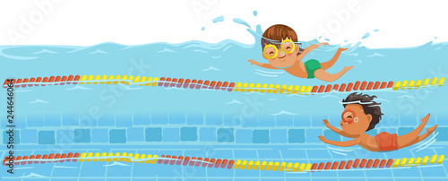 Boys swimming. Swimmers racing in the pool. Underwater view on the water of the pool. Billboard or branner design. Gaps fill your data to fill. Concept for web pages, schools,Special sports classes.
