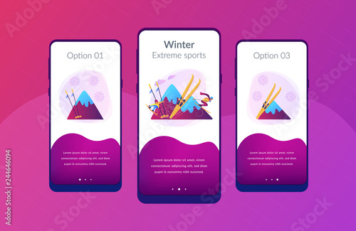 Skier and snowboarder sliding downhill in mountains. Winter extreme sports, downhill cross-country skiing, snowboarding freeride concept. Mobile UI UX GUI template, app interface wireframe