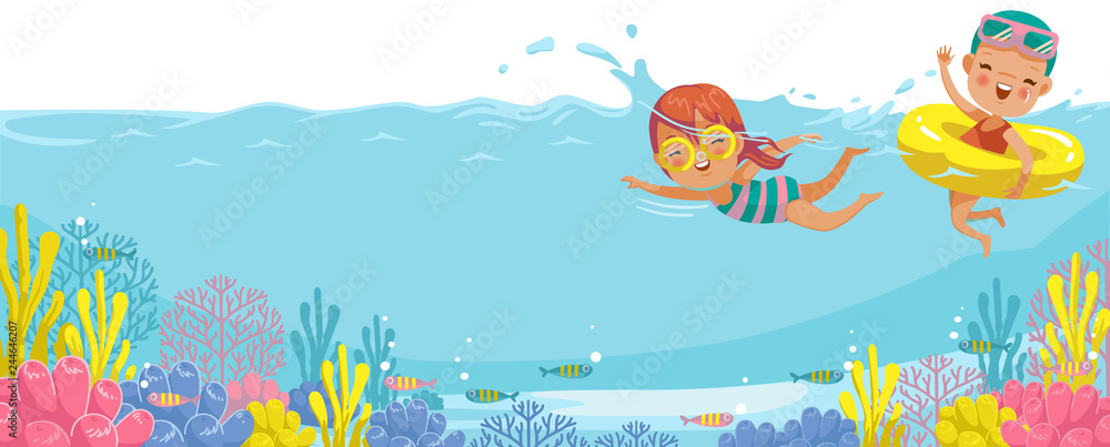Obraz premium Girls swimming. Swimmers leisure activities in the sea. Underwater view on the water of the underwater coral. Billboard or branner design for web pages, Business of tourism publications, traveling.
