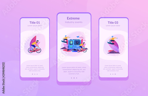 Extreme sportsmen riding a bike and snowboarding, participating in dangerous event. Extreme tourism, shock tourism, extreme industry events concept. Mobile UI UX GUI template, app interface wireframe