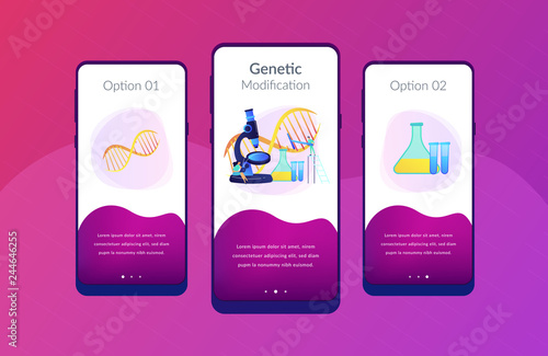 Microscope and scientists changing DNA structure. Genetic engineering, genetic modification and genetic manipulation concept on white background. Mobile UI UX GUI template, app interface wireframe