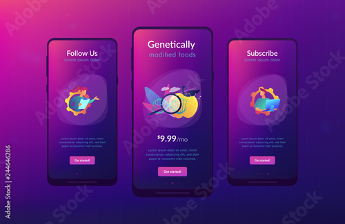Scientists working with magnifier and apple DNA. Genetically modified foods, GM foods and genetically engineered foods concept on white background. Mobile UI UX GUI template, app interface wireframe