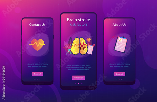 Huge brain with red circles pain epicenter and doctor running. Stroke and headache, oxygen-deprived brain and first aid concept on white background. Mobile UI UX GUI template, app interface wireframe