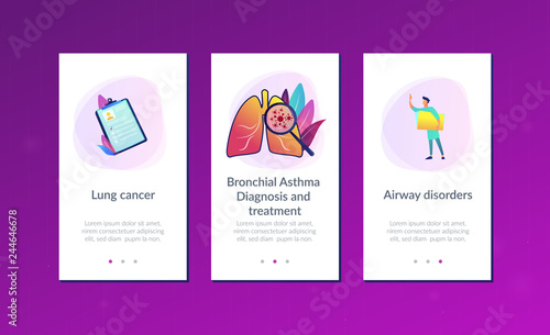 Huge magnifier showing cancer in the lungs and doctor with document folder. Lung cancer, trachea and bronchus concept on white background. Mobile UI UX GUI template, app interface wireframe