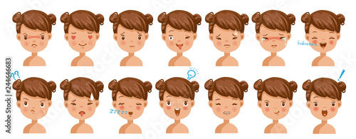little girl emotions facial emotions set. Child face with different expressions. Variety of emotions children. Female heads show a variety of moods and differences. Schoolboy portrait avatars.