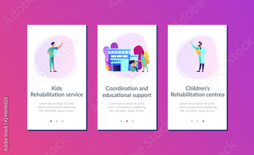 Physiotherapist and child gets treatment. Childrens rehabilitation centre, kids rehabilitation service, coordination and educational support concept. Mobile UI UX GUI template, app interface wireframe