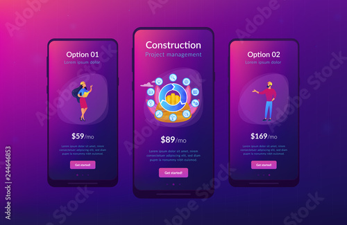 Information on full cycle of a building. Building information modeling, collaborative construction, construction project management concept. Mobile UI UX GUI template, app interface wireframe