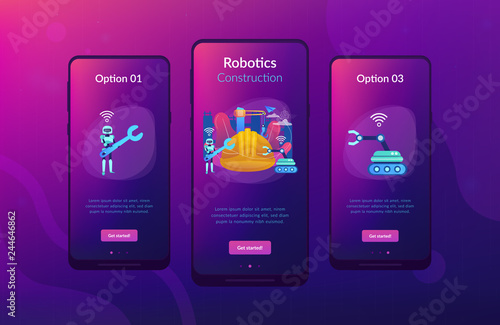 Robot with wrench and robotic arm at construction site. Robotics construction, digital construction platform, additive manufacturing concept. Mobile UI UX GUI template, app interface wireframe