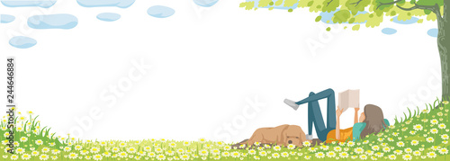spring Spring grass and flowers border.  Woman is reading a book. Dog sleeps comfortably. Easter decoration element with spring grass and meadow. Easter greeting card decoration element. Frame design.