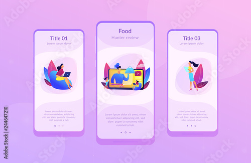 Professional chef holding dish on video and users watching food blog with recipes. Food blogging, food hunter review, foodie blog concept. Mobile UI UX GUI template, app interface wireframe