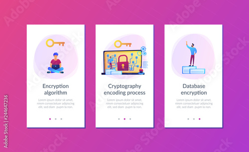 Cryptographic officer and system administrator create algorithm code for key owner of blockchain. Cryptography and encryption algorithm concept. Mobile UI UX GUI template, app interface wireframe