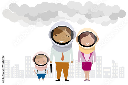 vector character of family wearing astronaut helmet for protect air smog or air pollution in the city