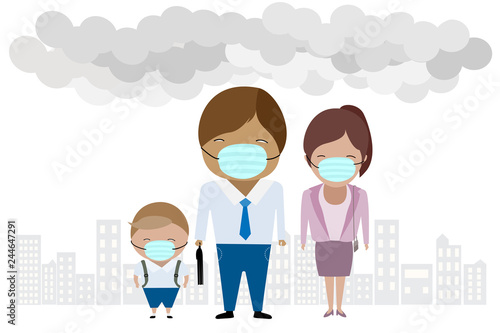 vector character of family wearing mask created with air smog or air pollution in the city
