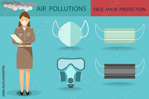 vector of woman wearing teacher official uniform and wearing mask protection design with face mask collection in air pollutions concept