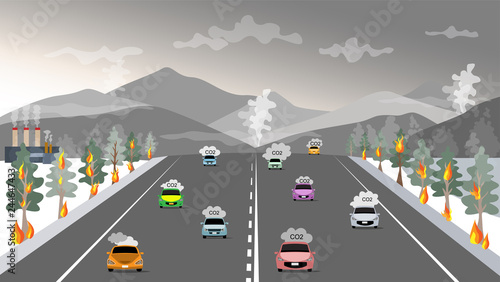 vector of air environment pollutions from car factory and wildfire