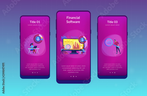 Data analyst oversees and governs income, expenses with magnifier. Financial management system, finance software, IT management tool concept. Mobile UI UX GUI template, app interface wireframe