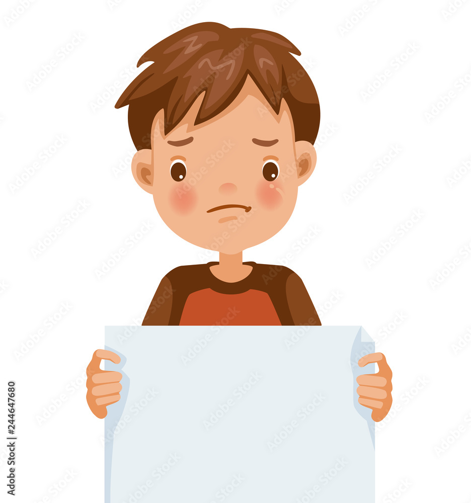 Boy holding Scowl little boy holding white paper. with negative emotions. Cartoon character vector illustration isolated on white background. Boy holding Scowl little boy holding white paper. with negative emotions. Cartoon character vector illustration isolated on white background.
