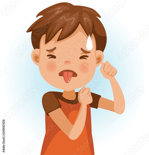 Boy disgusted 
Little boy looking of disgust. asian child expression of disgust with emotions and gestures.  refusing food concep. Cartoon character vector illustration isolated on white background.
