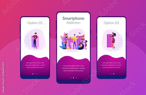 People in the city overusing mobile devices and a man feeling alone. Smartphone addiction, digital disorder, mobile device addiction concept. Mobile UI UX GUI template, app interface wireframe