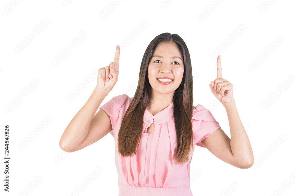 Smiling asian young woman with fingers point up. Smiling asian young woman with fingers point up.