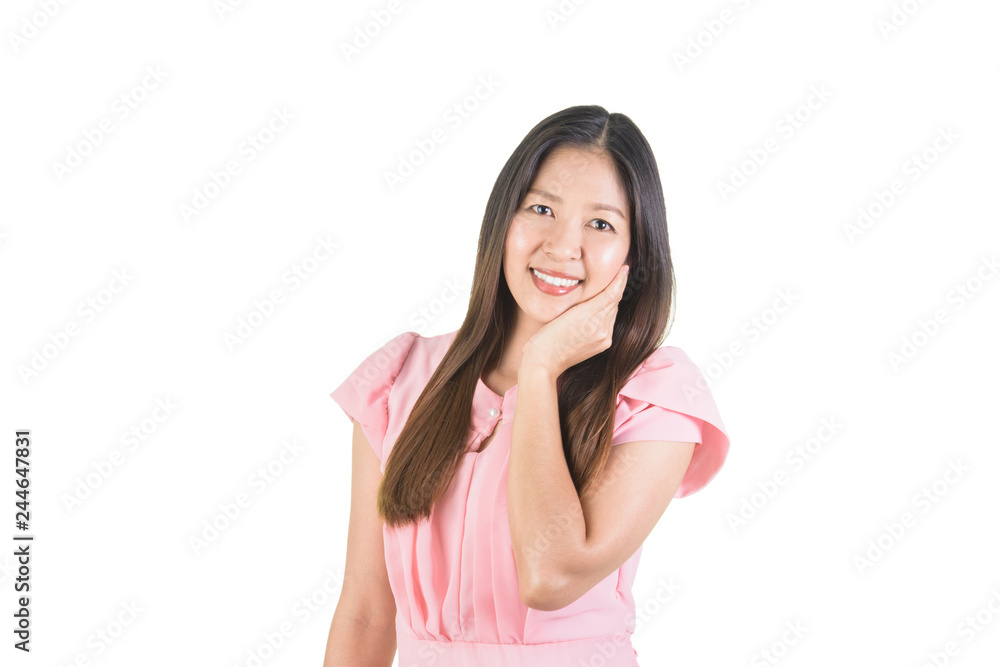 Smiling attractive asian young woman using hand touch the cheek. Smiling attractive asian young woman using hand touch the cheek.