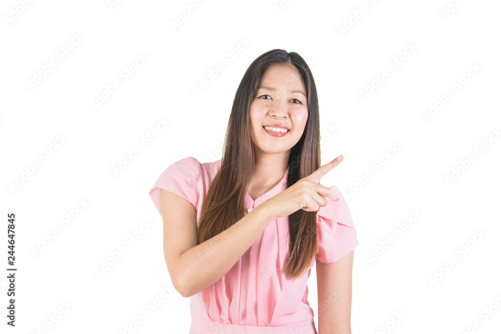 Smiling asian young woman with finger point to the side. Smiling asian young woman with finger point to the side.