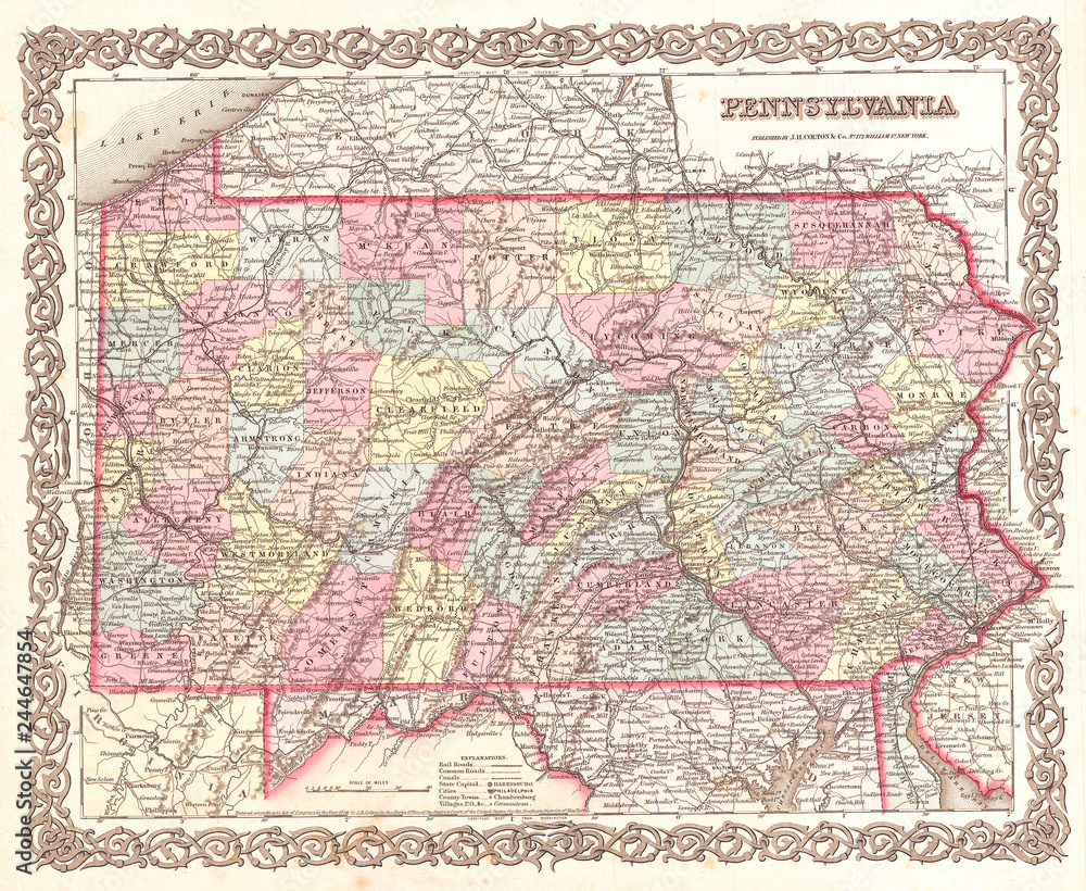 1855, Colton Map of Pennsylvania