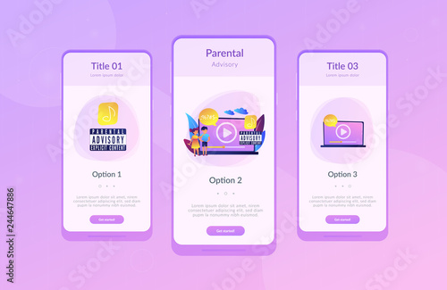 Children at laptop listening to music with parental advisory label warning. Parental advisory, explicit content, kids warning label concept. Mobile UI UX GUI template, app interface wireframe