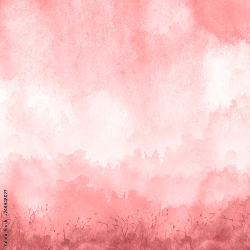Watercolor red, purple, pink background, blot, blob, splash of purple, pink paint. Watercolor spot, abstraction. Abstract art illustration, scenic. Silhouette of grass, wild plants, bushes. Watercolor red, purple, pink background, blot, blob, splash of purple, pink paint. Watercolor spot, abstraction. Abstract art illustration, scenic. Silhouette of grass, wild plants, bushes.