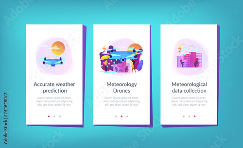 Drone over the city collecting meteorological data. Meteorology drones, meteorological data collection, accurate weather prediction concept. Mobile UI UX GUI template, app interface wireframe