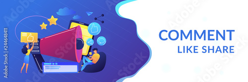 Users with like and share icons and megaphone. Like comment share giveaway, social networks promotion, like farming concept on white background. Header or footer banner template with copy space.