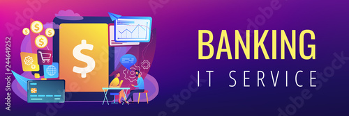 Tablet, bank card and manager using banking software for transactions. Core banking IT system, banking software, IT service concept. Header or footer banner template with copy space.