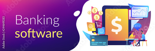 Tablet, bank card and manager using banking software for transactions. Core banking IT system, banking software, IT service concept. Header or footer banner template with copy space.
