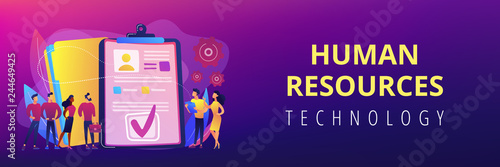 HR managers hiring candidates with hr software and resume on computer. HR software, human resources technology, employee effectivity control concept. Header or footer banner template with copy space.