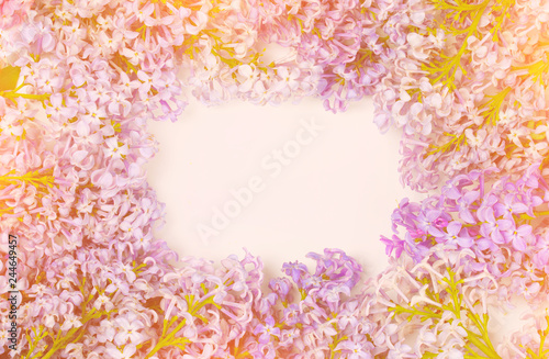 Frame of lilac flowers with space for text on white background. Flat lay, top view. Spring floral concept