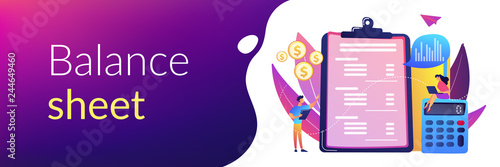Financial analysts doing income statement with calculator and laptop. Income statement, company financial statement, balance sheet concept. Header or footer banner template with copy space.