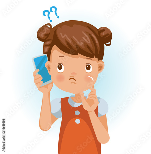 Little girl listen phone Little girl use listen phone. Listening intently and wonder. Cartoon character vector illustration isolated