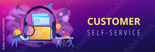 End user with magnifier finding information in laptop with headset. Customer self-service, e-support system, electronic customer support concept. Header or footer banner template with copy space.