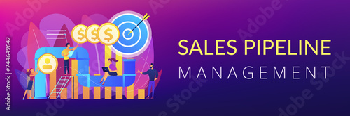Sales reps and managers analyze sales pipeline. Sales pipeline management, representation of sales prospects, customer prospects lifecycle concept. Header or footer banner template with copy space.